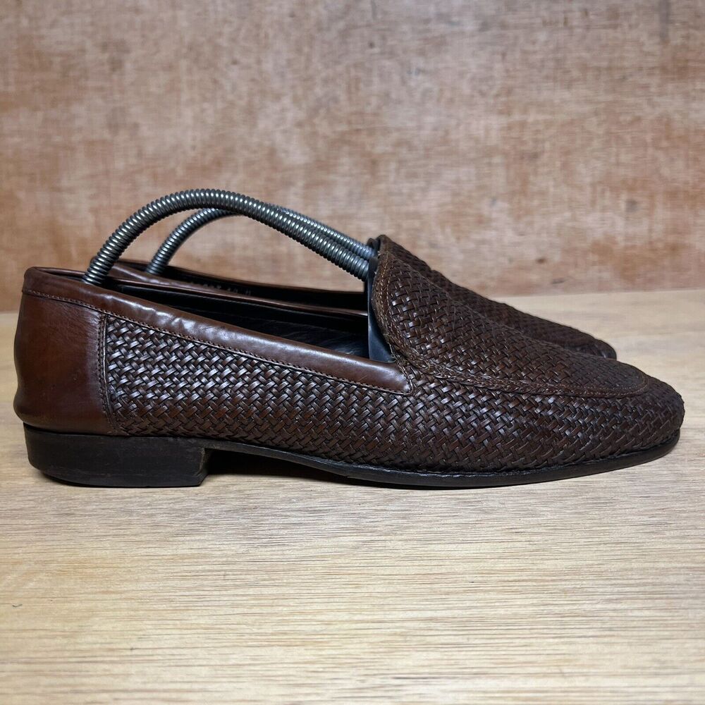 Bragano Men Size 10 M Shoes Brown Leather Slip-On Woven Loafers C00273 Italy